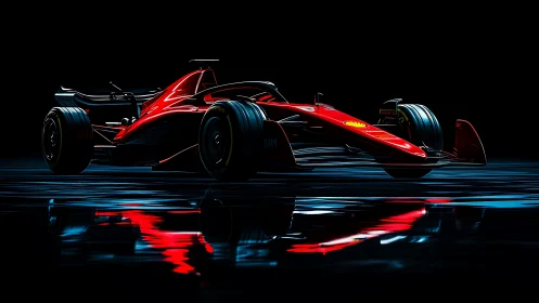 Scarlet racecraft slices midnight air with liquid reflections