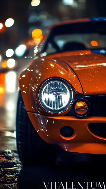 Vibrant close-up captures wet orange sports car in neon bokeh