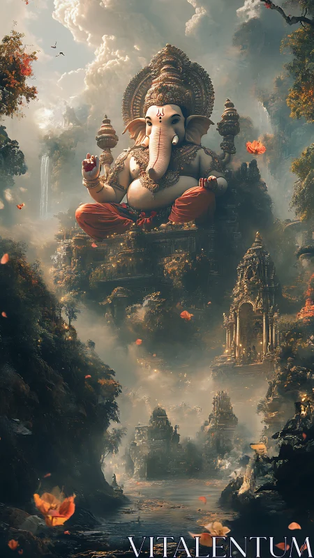 Majestic Ganesha statue floating above misty temple valley.