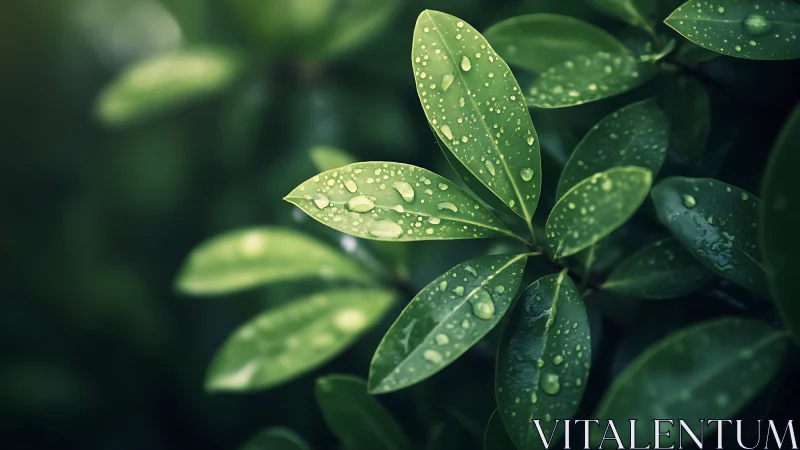Close-up view of green leaves with surface water droplets.