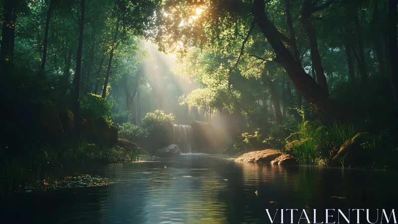 Enchanted Forest Stream with Golden Sunlight.