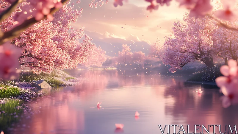 Cherry blossom trees align a reflective river at sunset