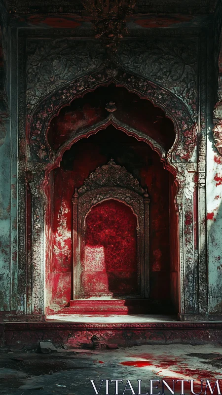 Blood-red ruined archway glows in haunted sacred chamber