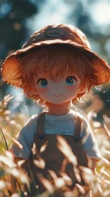 Sunlit child in straw hat wandering through gentle meadow.