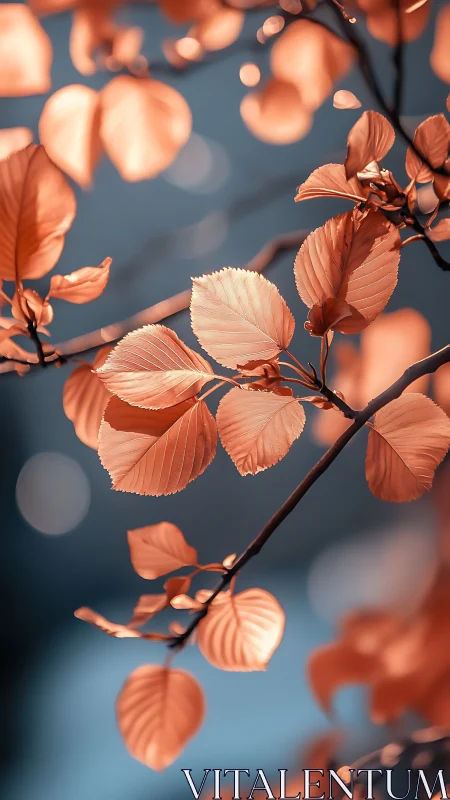 Copper leaves drift through dreamy blue autumn bokeh light.