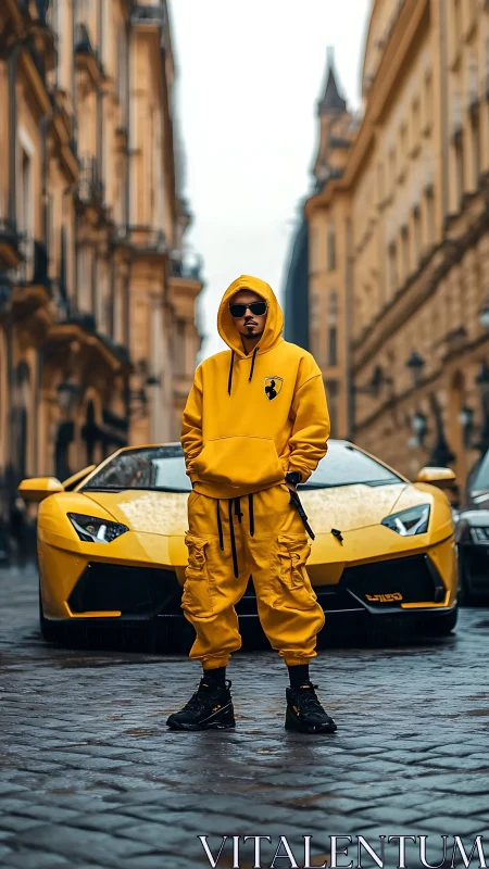 Man in yellow streetwear standing before yellow sports car.