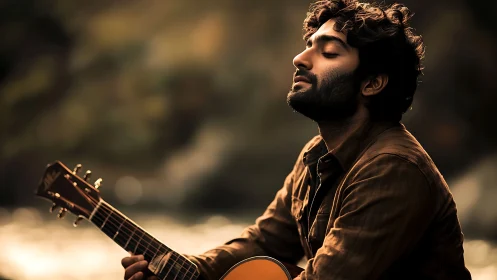 Guitarist closes eyes and feels music at sunset outdoors.