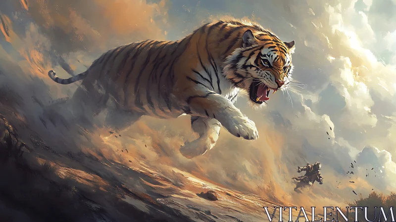 Sky-borne thunder tiger lunges through storming dust fields.