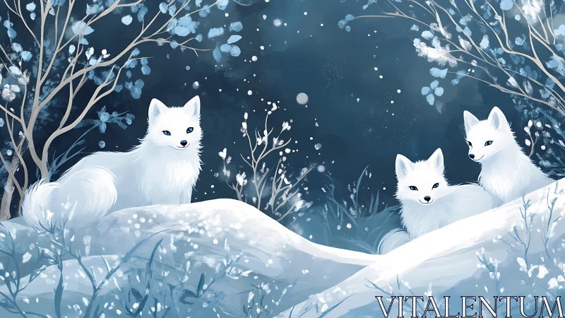 Three arctic foxes rest in a tranquil moonlit winter glade
