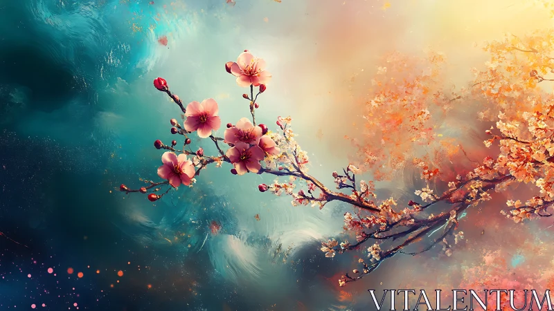 Cherry Blossoms Emerge Through Painted Clouds.