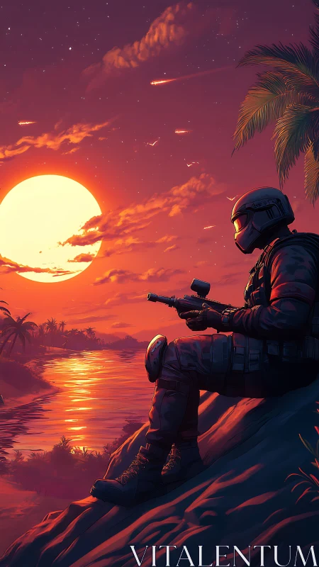 Sunset sniper dreaming under comet-kissed war skies.
