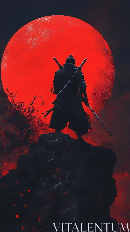 Digital painting of lone samurai silhouette before blood moon.