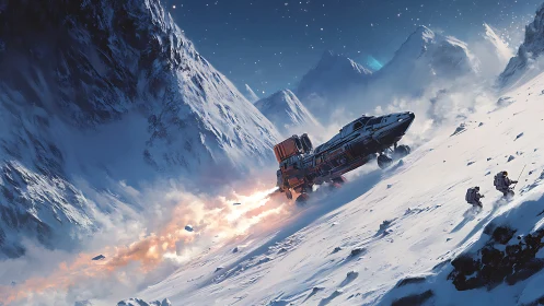 A Spaceship Escapes Through Icy Mountain Peaks.