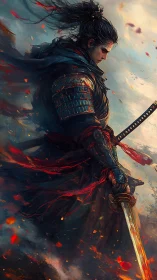 Solitary armored swordsman stands amid drifting embers