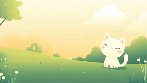 Adorable White Kitten Enjoys a Peaceful Garden Morning
