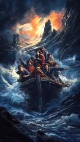 Group of youths in wooden boat crossing turbulent seascape
