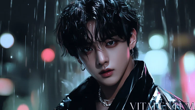 Brooding youth under neon rain with cinematic intensity.