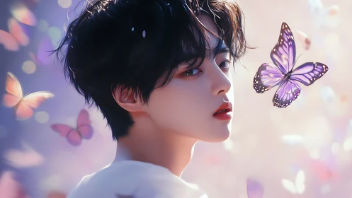 Soft lit portrait of youth surrounded by glowing butterflies.
