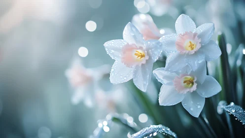 White daffodils with pink centers display water droplets and bokeh background.