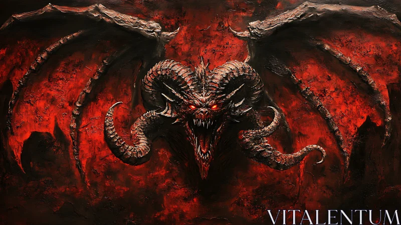 Fiery horned dragon emerges from crimson shadows in rage.