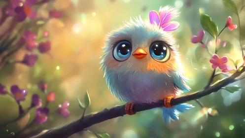 Cute fluffy cartoon bird with big eyes on flowery branch, digital art.