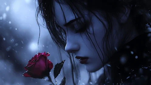 Rain-soaked midnight muse breathing secrets to a rose.
