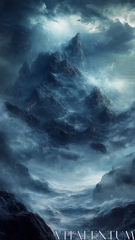 Storm-lashed ice mountains in swirling cinematic fogscape.