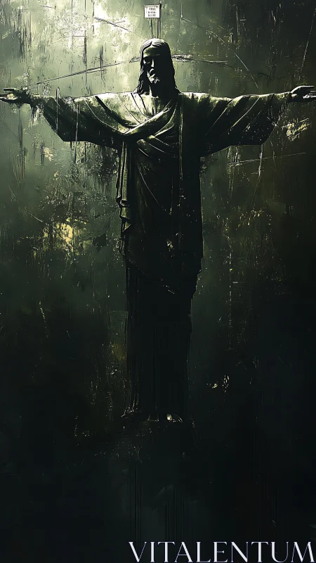 Dark cruciform statue rises in moody, sacred spotlight