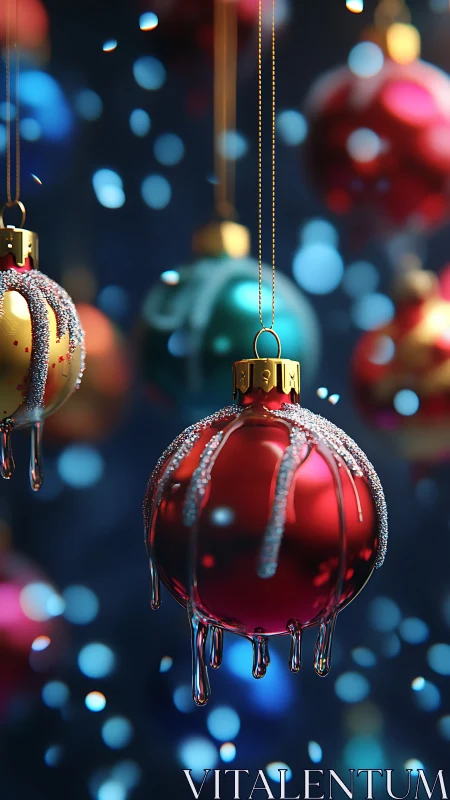 Melting glass ornaments with crystalline frost detail rendering.