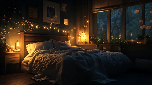 Cozy bedroom glows with warm fairy lights and night ambience
