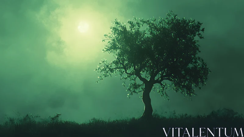 Solitary tree silhouette before diffuse green backlit sky.