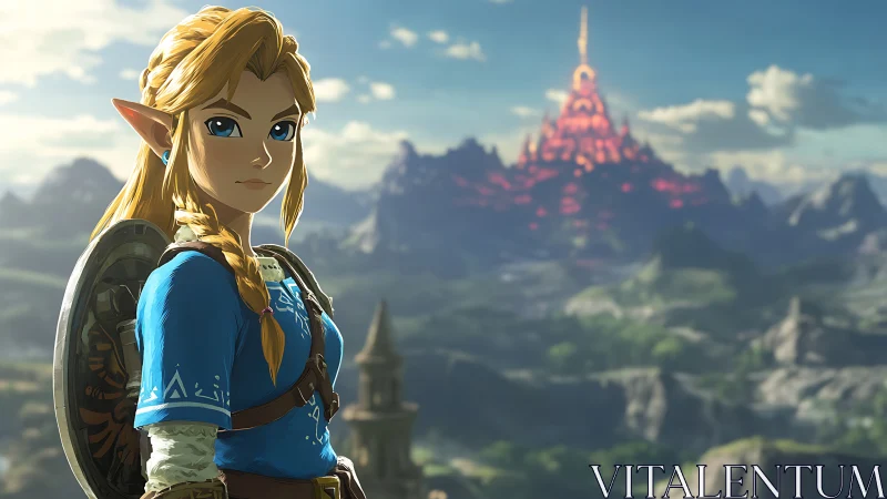 Heroic elf warrior surveys a glowing distant fantasy citadel