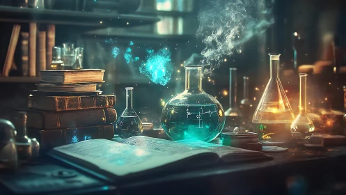 Alchemical glassware emits luminous vapors in a book-lined study