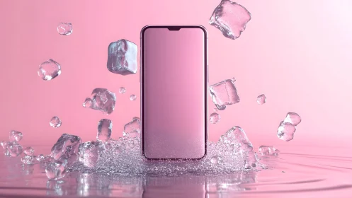 Modern smartphone with ice cubes on pink background, digital art.