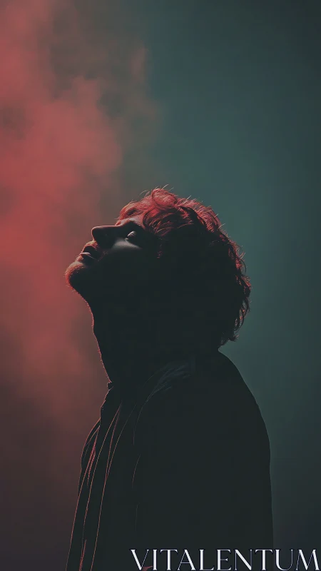 Silhouetted young man gazes upward through red tinted haze