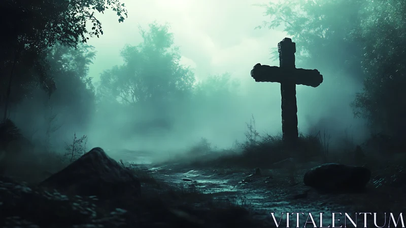 Stone cross dominates foggy forest path under cold teal light