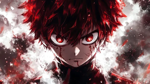 Bloodlit stare of a relentless anime antihero igniting chaos.