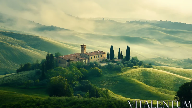 Hilltop villa surrounded by misty green rolling hills.