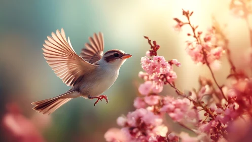 Delicate Bird Dancing Among Spring Blossoms.