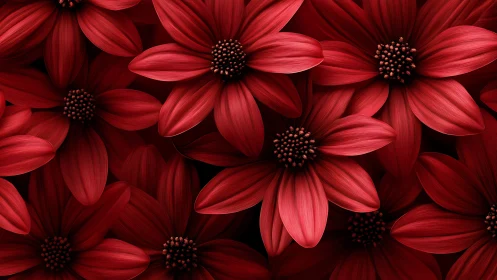 Vibrant Red Flowers Fill Frame in Striking Botanical Design.