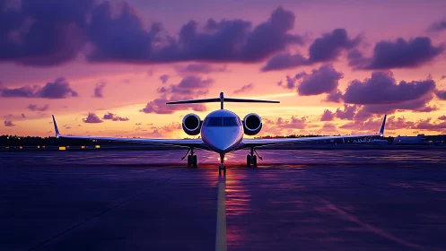 Twin‑engine business jet on runway centerline at sunset