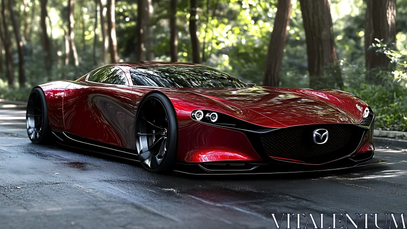 Sleek red Mazda concept car glides through a shaded forest road