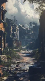 Post-apocalyptic alley with overgrown debris under volumetric clouds