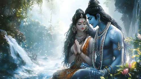 Hindu Deities Radha Krishna in Luminous Waterfall Setting. 3D Rendering.