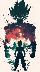 Ink-splashed warrior confronting colossal shadowed self.