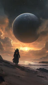 Hooded sci fi wanderer under looming planet at sunset.