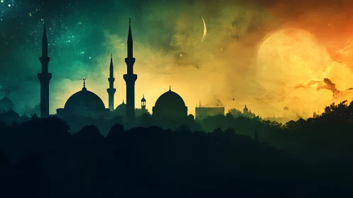 Dreamy domed skyline rests beneath twin glowing moons