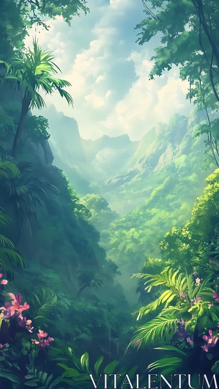 Mountain Valley Landscape with Dense Tropical Vegetation and Atmospheric Perspective