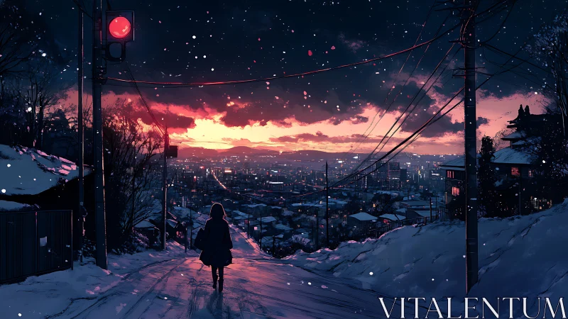 Snowlit city descent under ember-bright winter sundown.