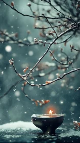 Candle flame remains steady beneath snow covered tree branches